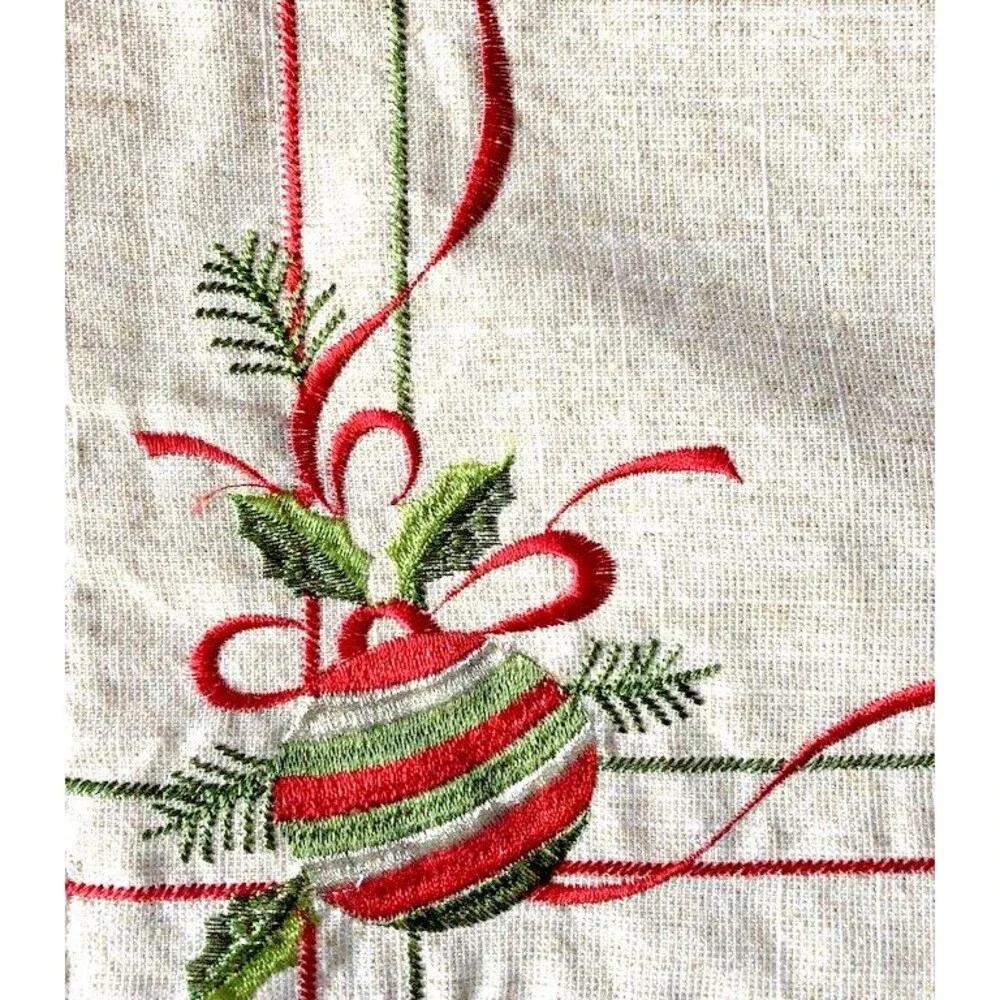 Christmas Embroidered Table Runner Ornament Holly Gold Red Green 72x14 Holiday